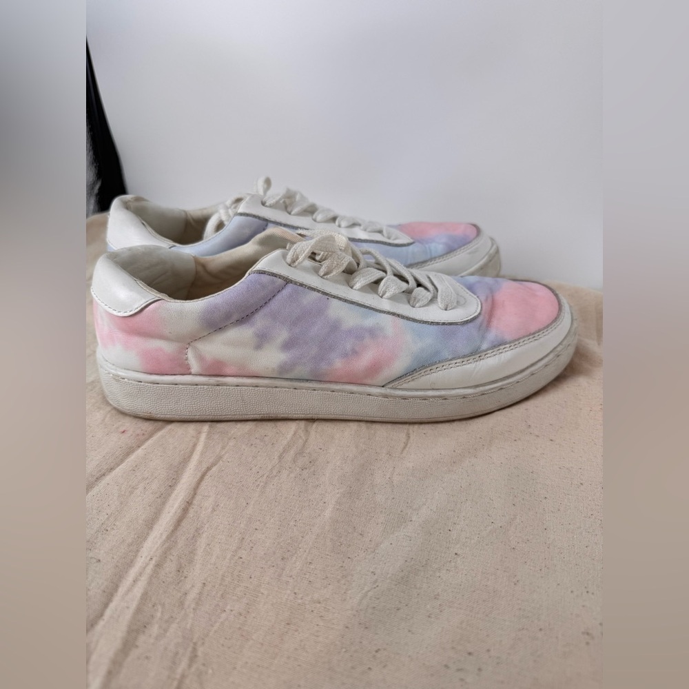 Women’s Leather Tie Dye Sneakers Pastel Pink Blue White Lace Up Casual Shoes